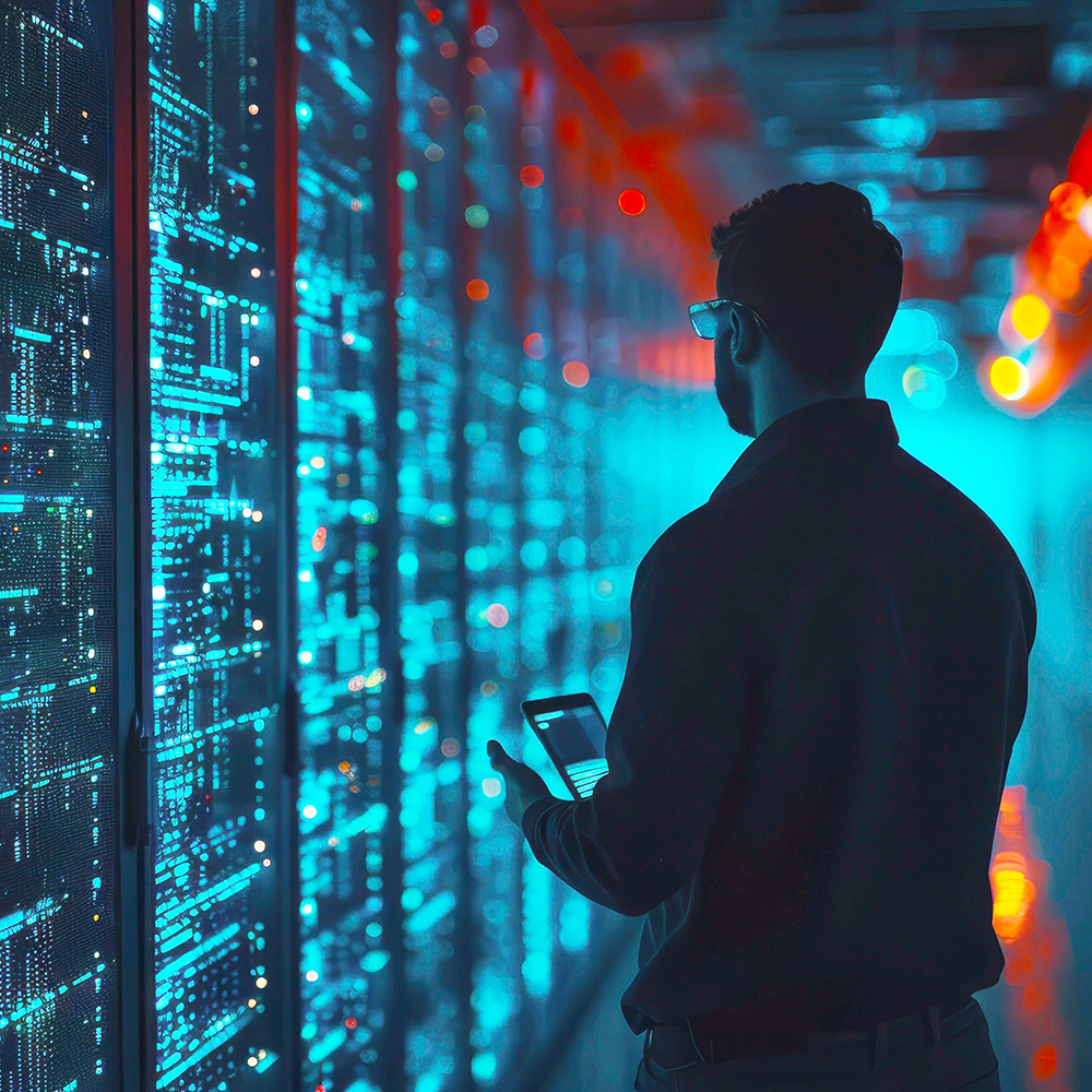 Cybersecurity analyst investigating a security breach on a network server, with digital code and warning alerts on screens